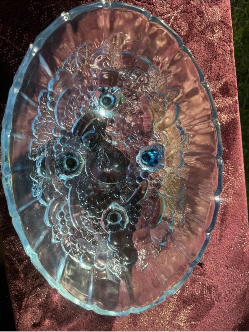 VINTAGE BLUE INDIANA GLASS OVAL FRUIT BOWL FOOTED INDIANA HARVEST MINT CONDITION
